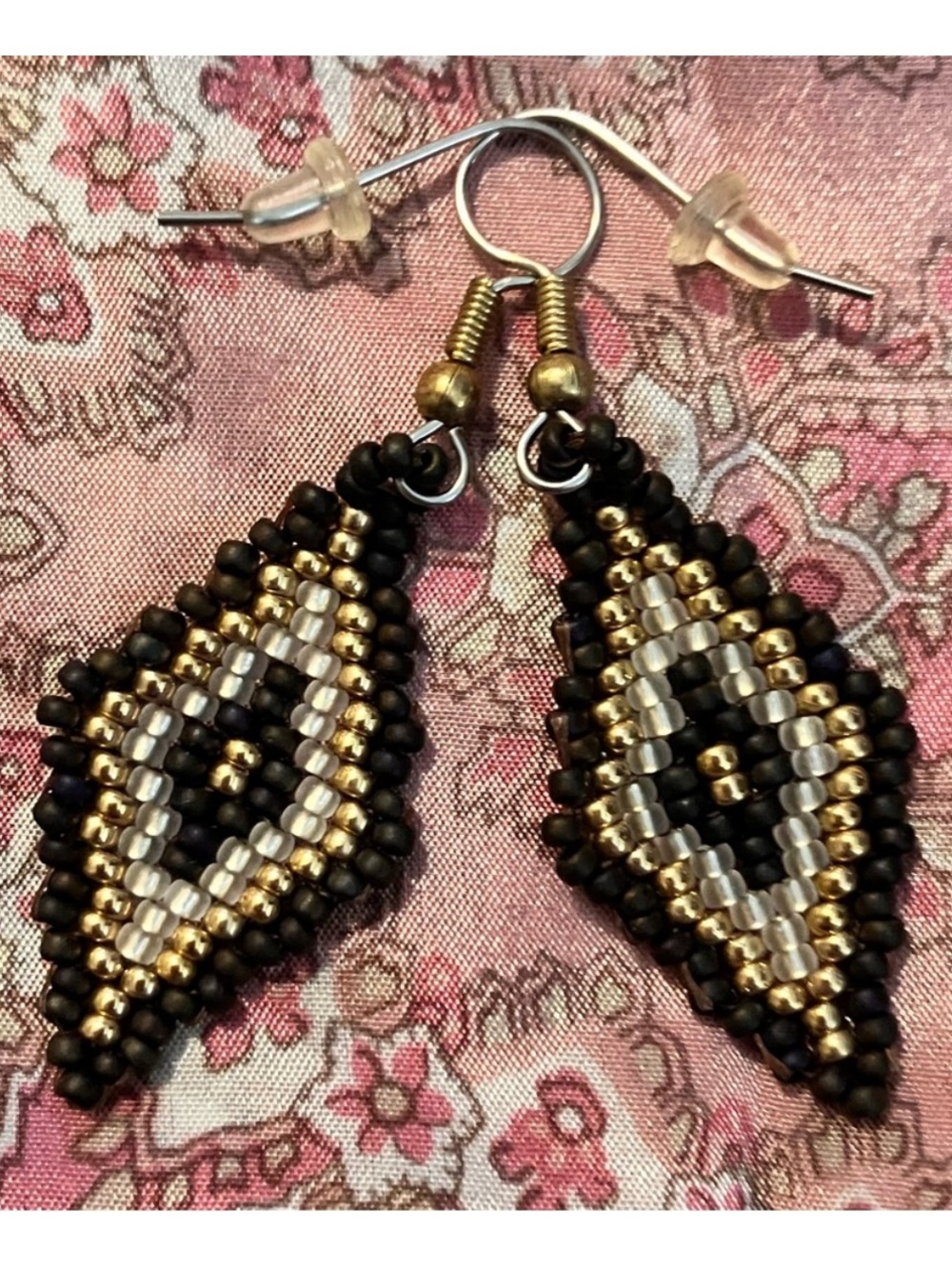 Handmade Miyuki Matte Olive Iris, Gold, Crystal Beaded Diamond Drop Boho Earring